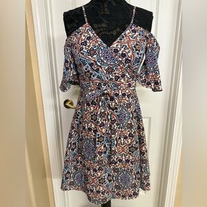Elegant Wrap Multicolor Patterned Dress with cold shoulder.